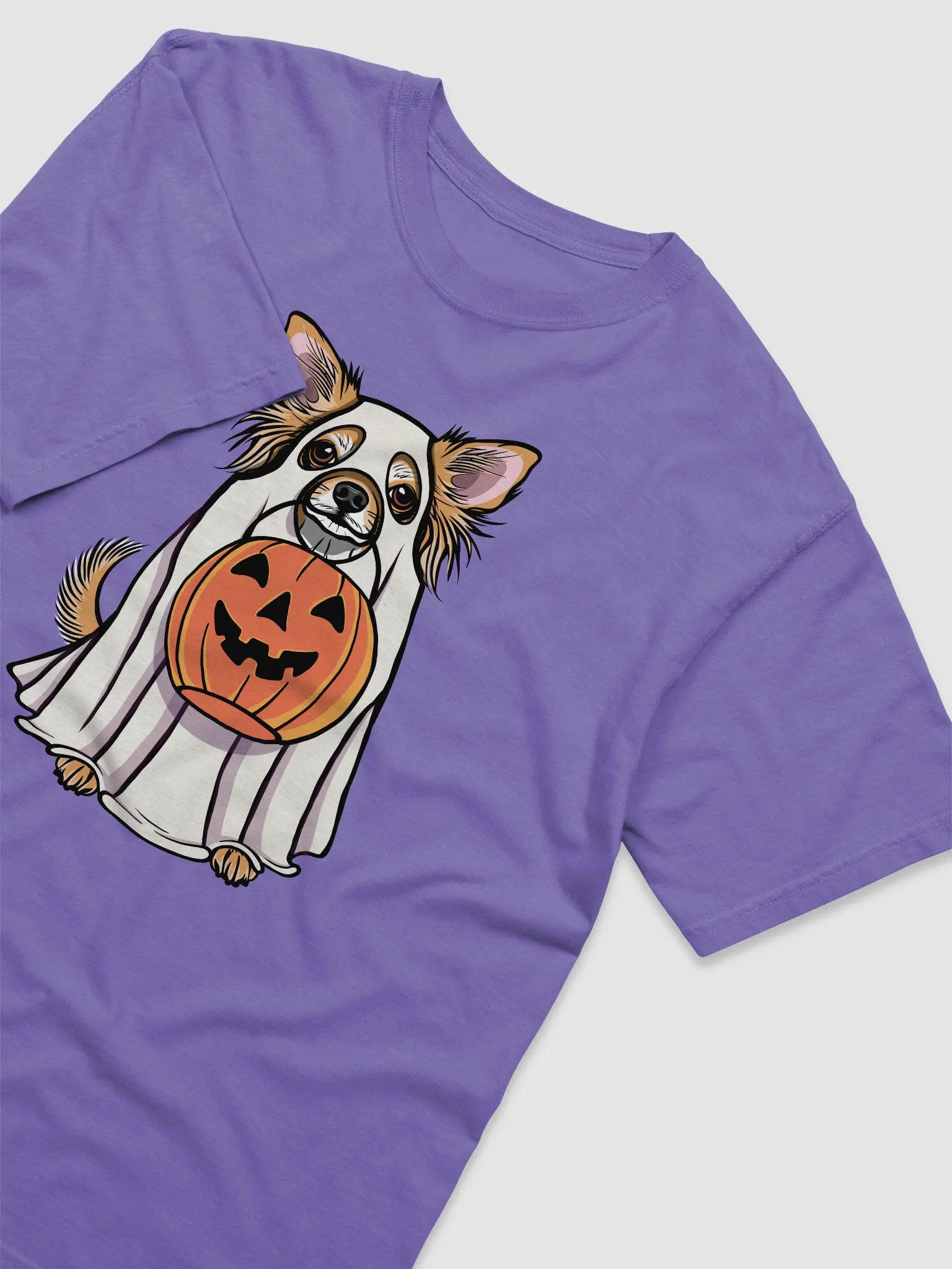 Funny Halloween Longhaired Chihuahua T-Shirt | Funny Chihuahua Wearing a Ghost Costume and Holding a Pumpkin Basket product image (29)