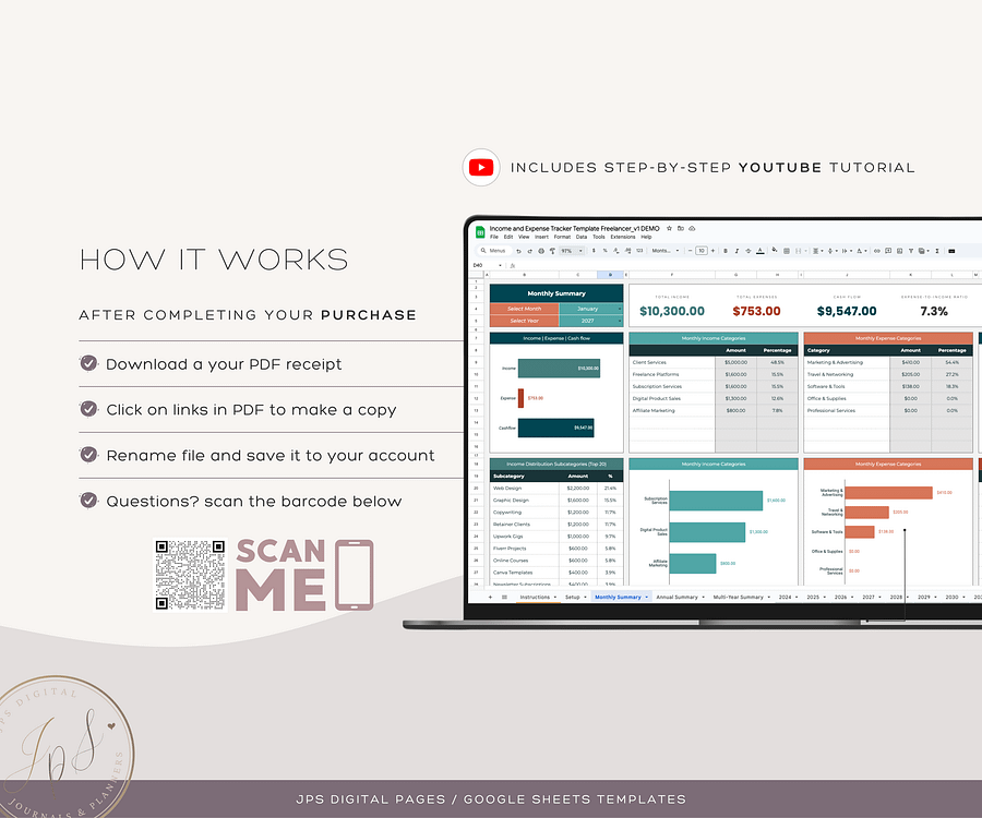Income and Expense Tracker Template, Freelancer Business, Multi-Year Dashboard Spreadsheet, Google Sheets Template, Business Profit Cashflow product image (10)