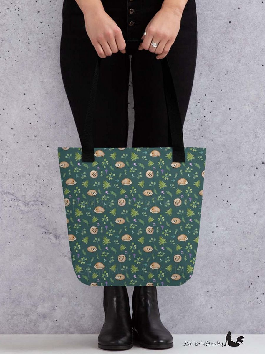 Hedgehogs with Ferns and Mushrooms on Dark Teal Tote Bag product image (7)