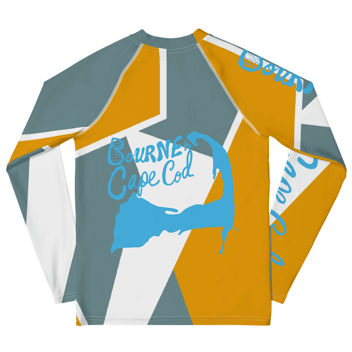 YOUTH | Rash Guard | BRN.2C.C.™ Front Graphic | BOURNE to Cape Cod™ Sleeve & Back Logo | Coastal Swim Shirt for Kids | UV Protection Activewear | Blue Logo | Grey & Dijon Geometric product image (2)