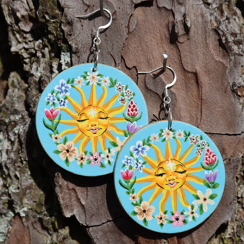 Hand-Painted Sun Earrings - Wearable Art