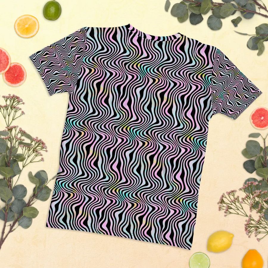 Ladies T shirt all over print wavy turquoise pink and black design ideal for light travel and slimming look product image (11)