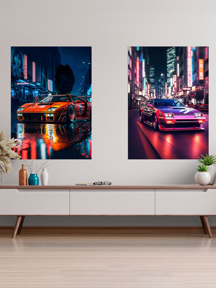 Ferrari, Retrowave classic sports car in Tokyo city [synthwave/vaporwave/cyberpunk] — aesthetic art print product image (2)