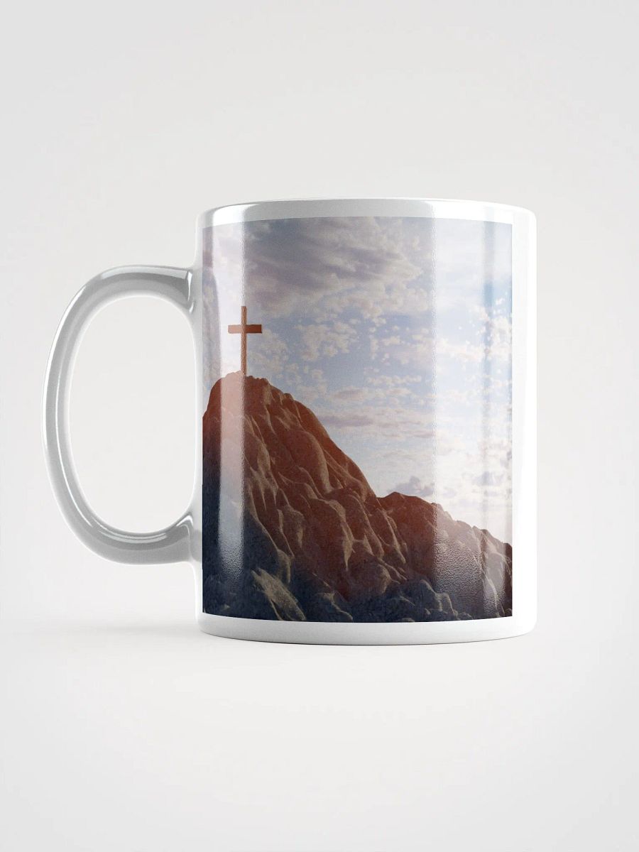 Wooden cross standing atop a rocky hill or mountain, under a sky filled with soft clouds & warm sunlight & cross standing against a dramatic sky with layers of clouds Mug product image (5)