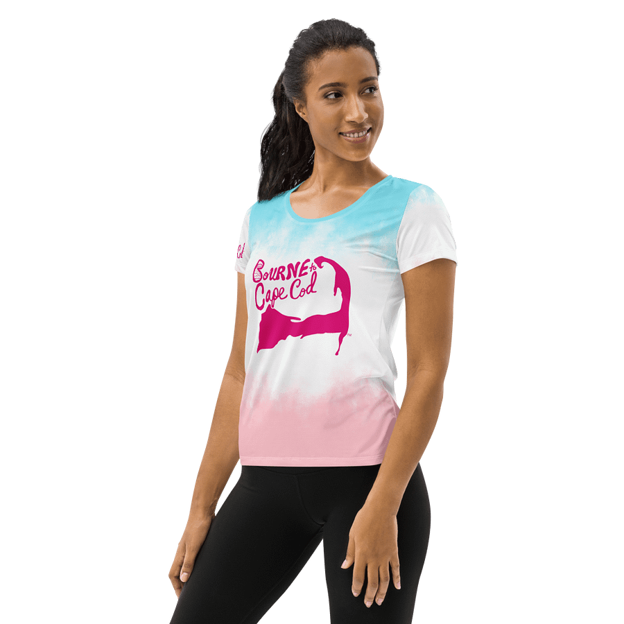 Women's | BOURNE to Cape Cod™ | Sporty Prep Tee ⚓️ | Athletic Style | Pink Logo on Pastel Patriotic product image (3)