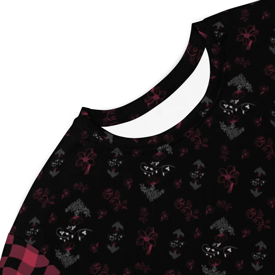 Magenta and White Flowers on Black with Warped Checkered Sleeves Women's T-Shirt Dress product image (8)