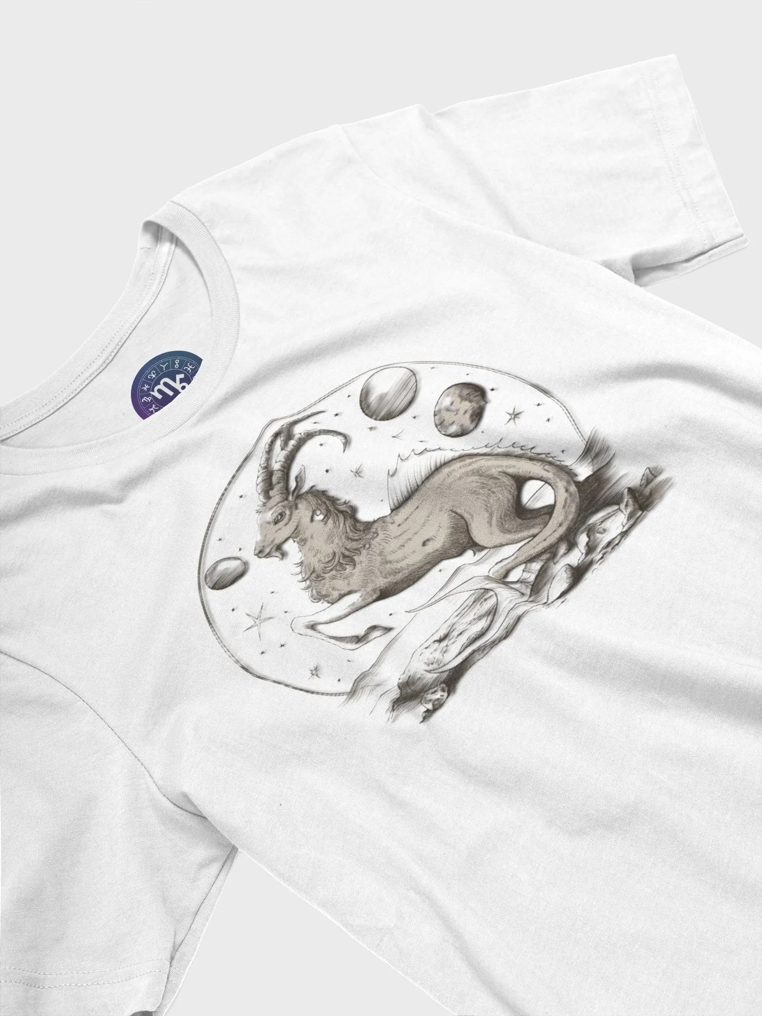 Exclusive Capricorn Zodiac T-Shirt - Unisex Astrology Gift with Mythical Sea-Goat and Celestial Planets Design product image (6)