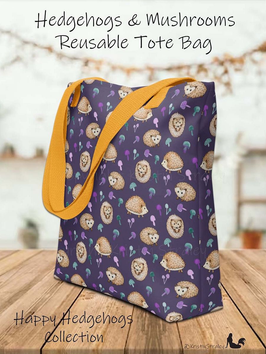 Hedgehogs and Mushrooms on Dark Plum Tote Bag product image (1)