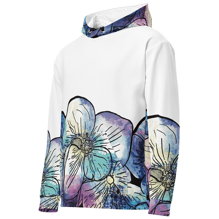 🌸 Coastal Bloom | Hydrangeas on White Hoodie | Monique Faella Designs™ | Unisex Floral Sweatshirt | Artful Botanical Fashion product image (2)