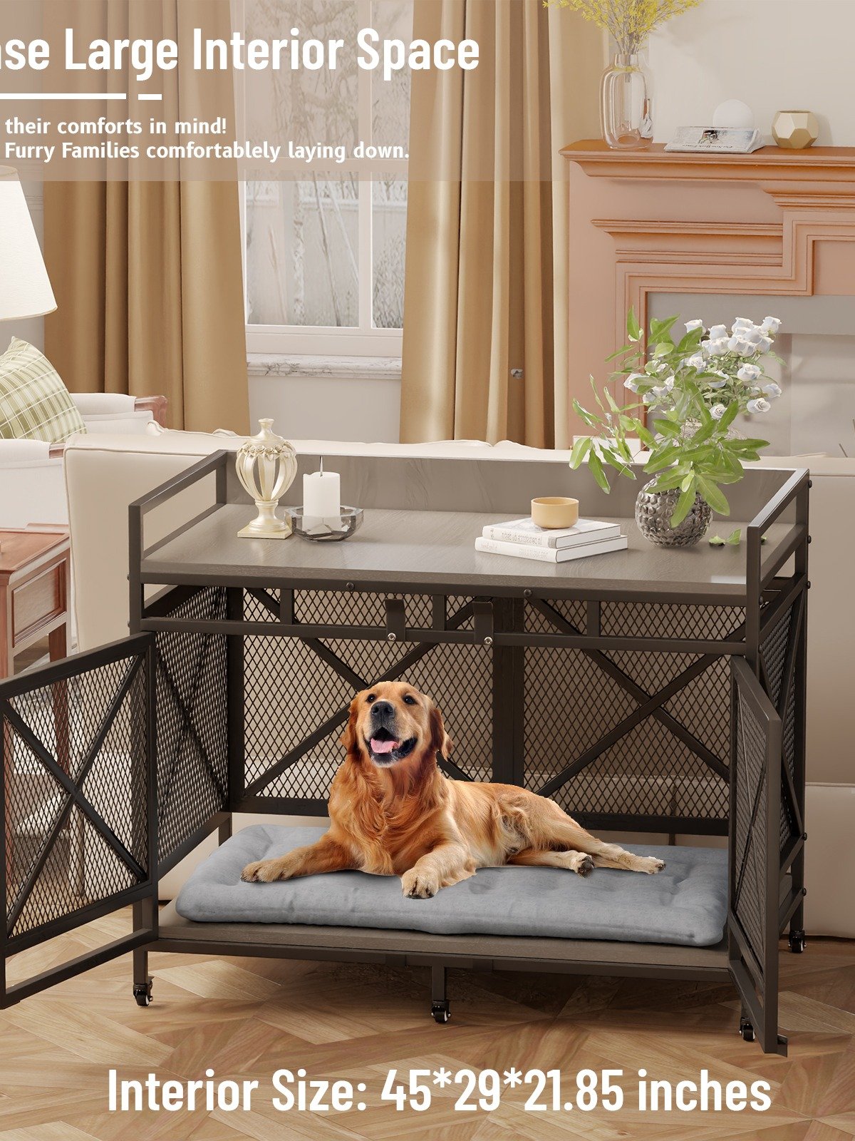 48 inch Dog Crate Furniture for Large Breeds (Up to 90 lb), Wooden & Steel, 360° Casters, Waterproof Top, Steel Lock,Textured Gray product image (7)