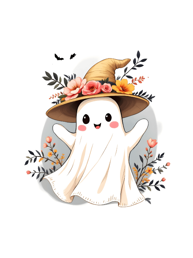 21 Simple and Elegant Smiling Ghost Clipart with Pose, Hat, and Floral Design - Charming Digital Art Collection for Halloween Decor and Projects product image (7)