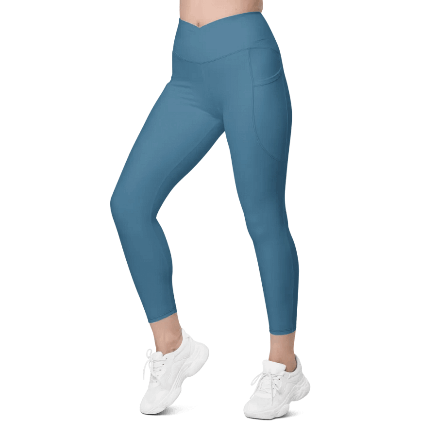 Plain Medium Blue True Summer Women's High Waisted Premium Crossover Leggings with Pockets by Treasure Pie product image (7)