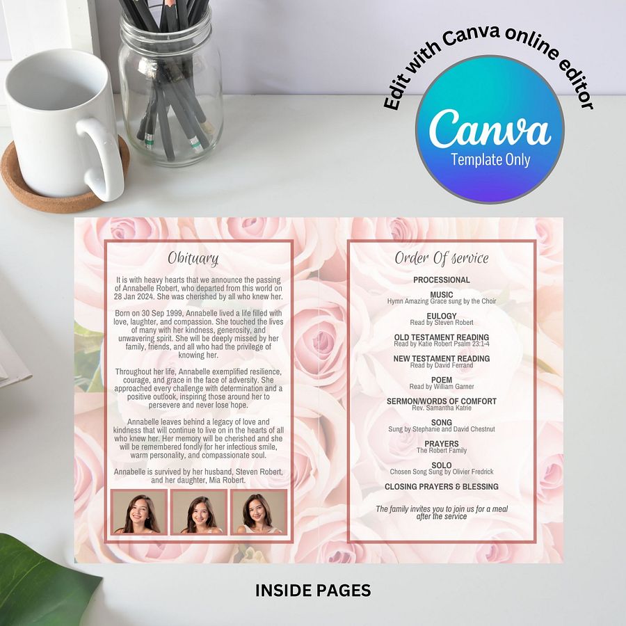 Pink Roses Funeral Program Canva Template product image (5)
