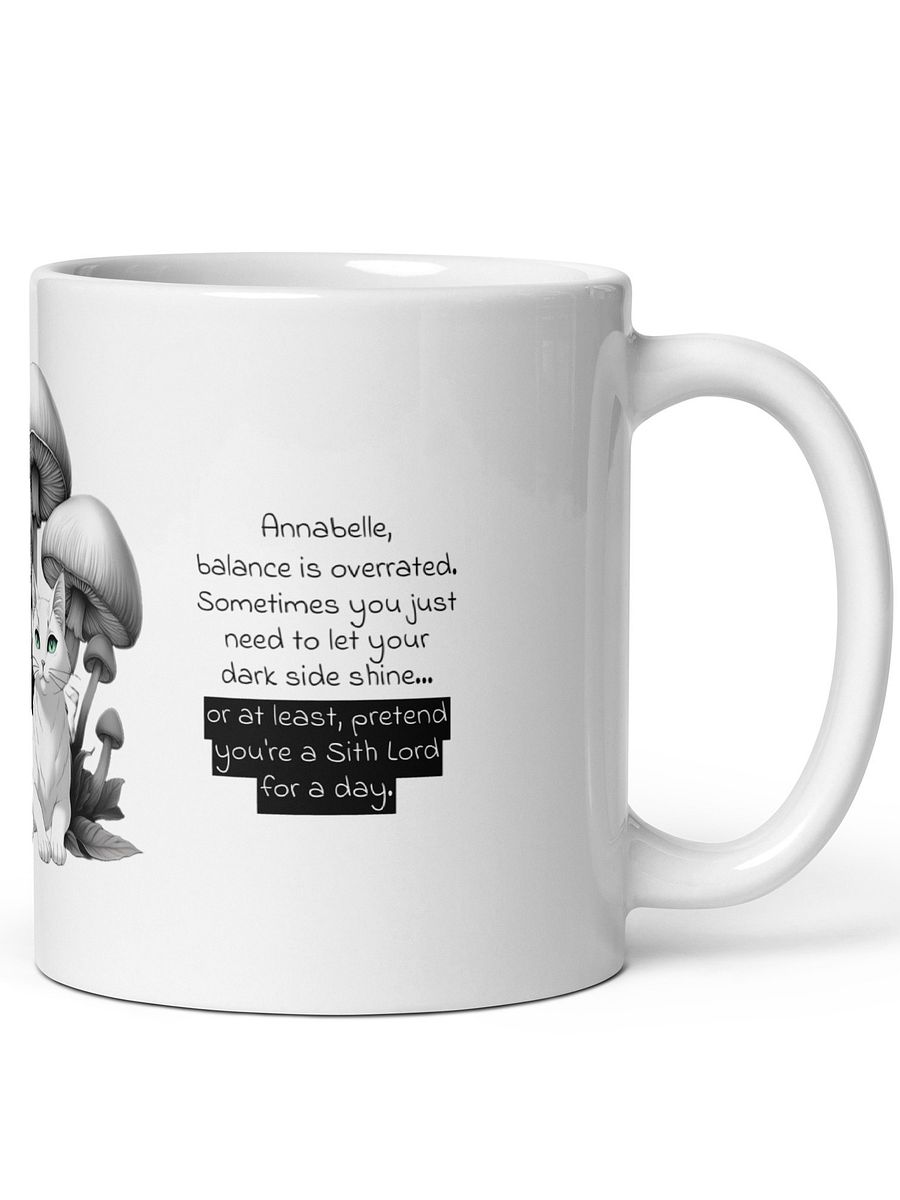 Personalized Black Cat and White Cat Resting Under Giant Mushrooms White Glossy Mug product image (4)