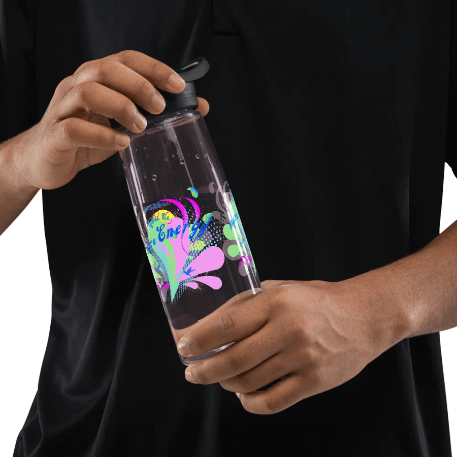 Camelback water bottle with beautiful swirly pink and green water drop splash and drops design featuring ' This water gives me Energy