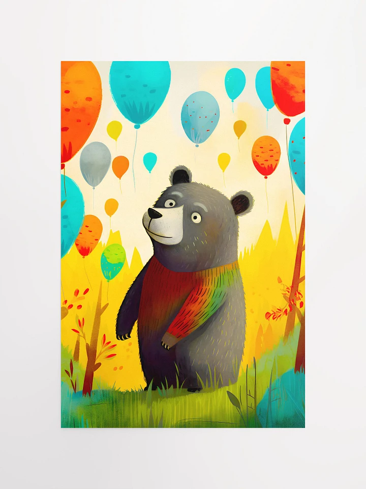Baby Bear Admiring a Sky of Cheerful Colorful Balloons in a Bright Forest Matte Poster product image (2)
