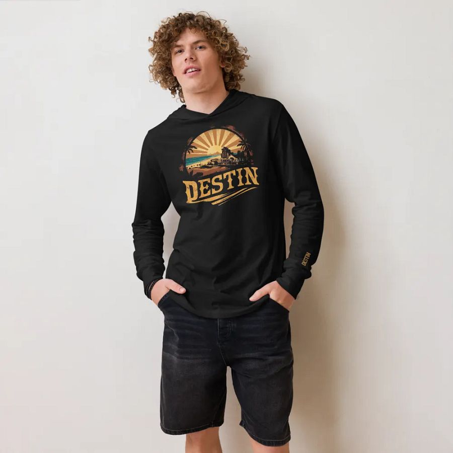 Retro Coastal Destin Sunset Long Sleeve Hooded Tee product image (2)