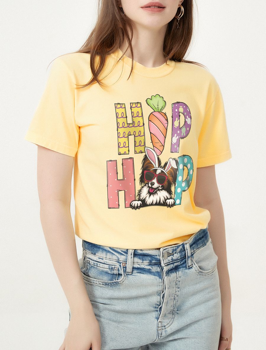 Hip Hop Easter Papillon T-Shirt | Cute Easter Day Papillon Wearing Bunny Ears and Sunglasses product image (1)