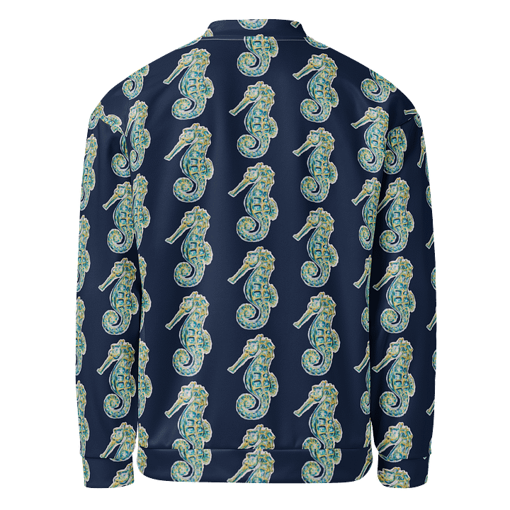 All-Over Print Bomber Jacket | Coastal Cool, City Bold | Monique Faella Designs™ Style | Deep Sky Blue Logos on Painted Seahorses Pattern product image (2)