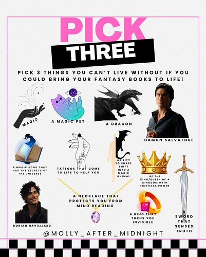 Honestly, I’m not sure even I can pick only 3 😅😅

What did you pick? 
I pick Damon, Magic, and the invisibility ring 😍

#book...
