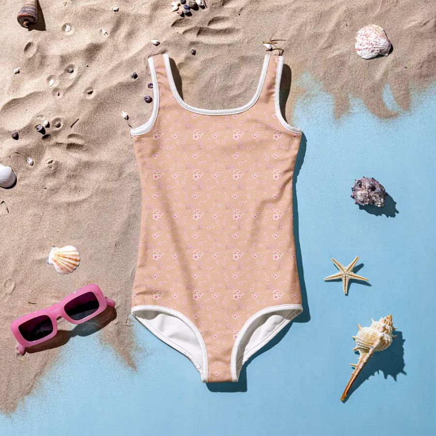 Cherry Blossoms on Cream Kids One-Piece Swimsuit product image (6)