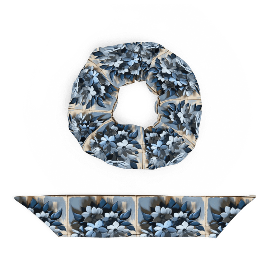 Hair Scrunchie - Painted Floral and Tile Pattern in Shades of Blue product image (5)