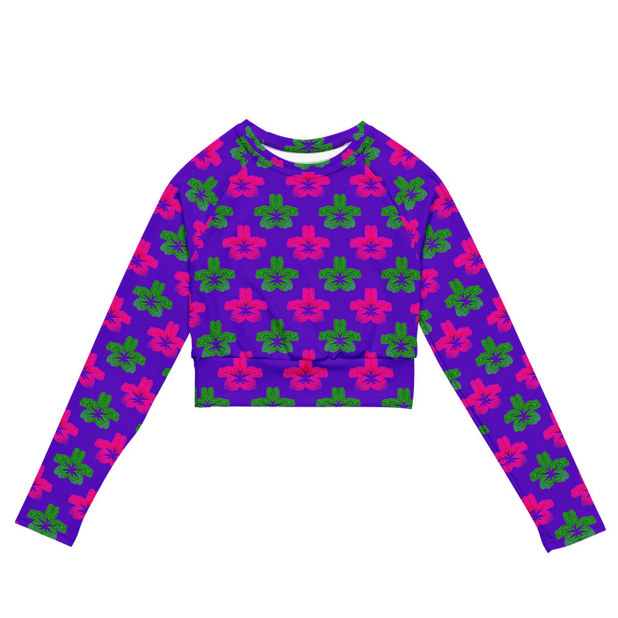 Cannabis 420 Flower Recycled Long-Sleeve Crop Top, Stoner Summer Weed Shirt, Neon Green Pink Purple Pot Leaf Reefer Raver Festival Fashion product image (2)