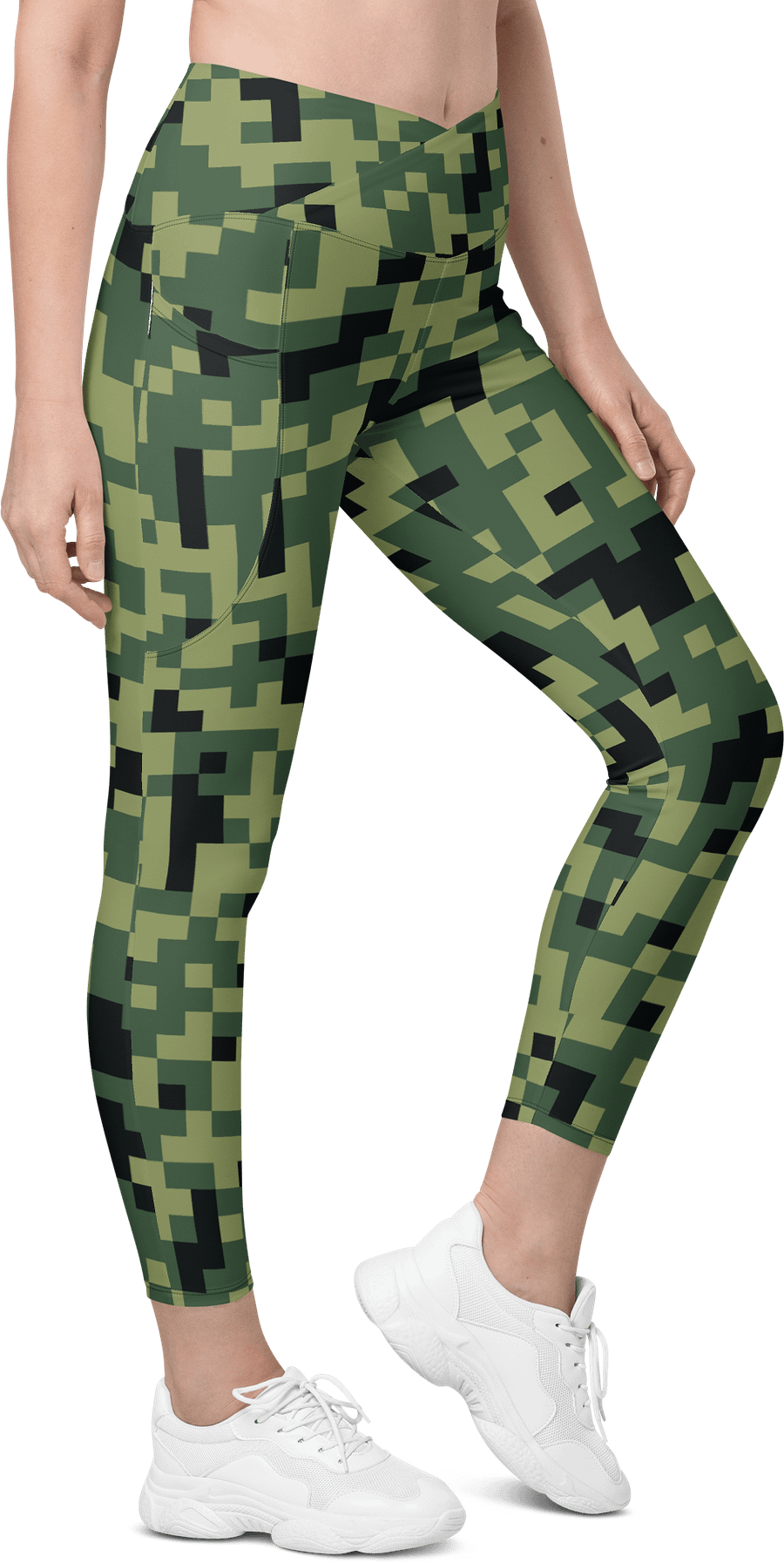 Military Green Camouflage Pixels Camo Pattern Crossover Leggings with Pockets product image (4)