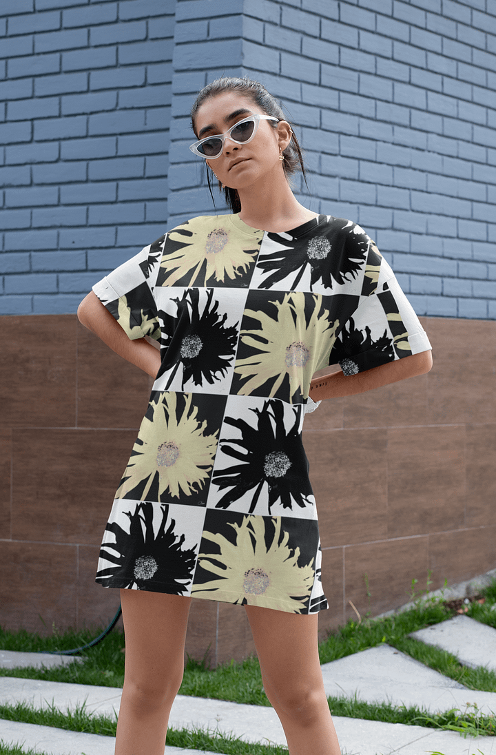 Abstract Black and Yellow Daises Ladies T Shirt Dress product image (1)