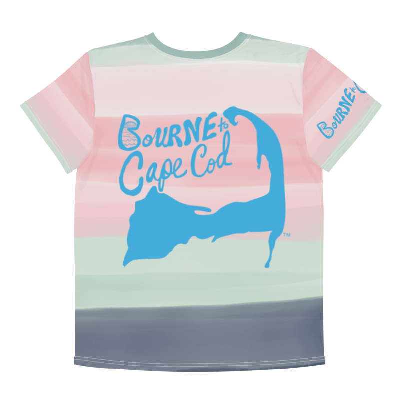 🦩YOUTH | Girls’ | BOURNE to Cape Cod™ | Logo Tee – All-Over Print | BRN.2C.C.™ | Coastal Cutie Vibes💖 | Blue Logo on Horizon Stripes | Pink, White & Gray product image (2)