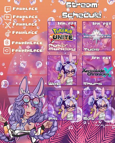 This week’s schedule. I’m showing up no matter how much it hurts. 

#vtuber #twitchstreamer #youtubestreamer #pokemonunite #v...