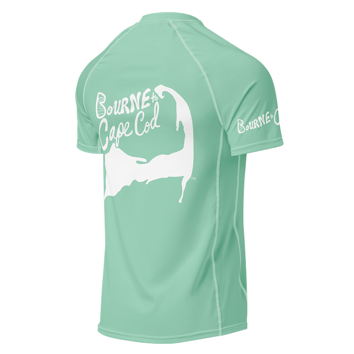 BRN.2C.C.™/BOURNE to Cape Cod™ | Men’s Performance Rash Guard | Recycled UPF 50+ Surf Shirt | White Logos on Vista Blue Green product image (2)