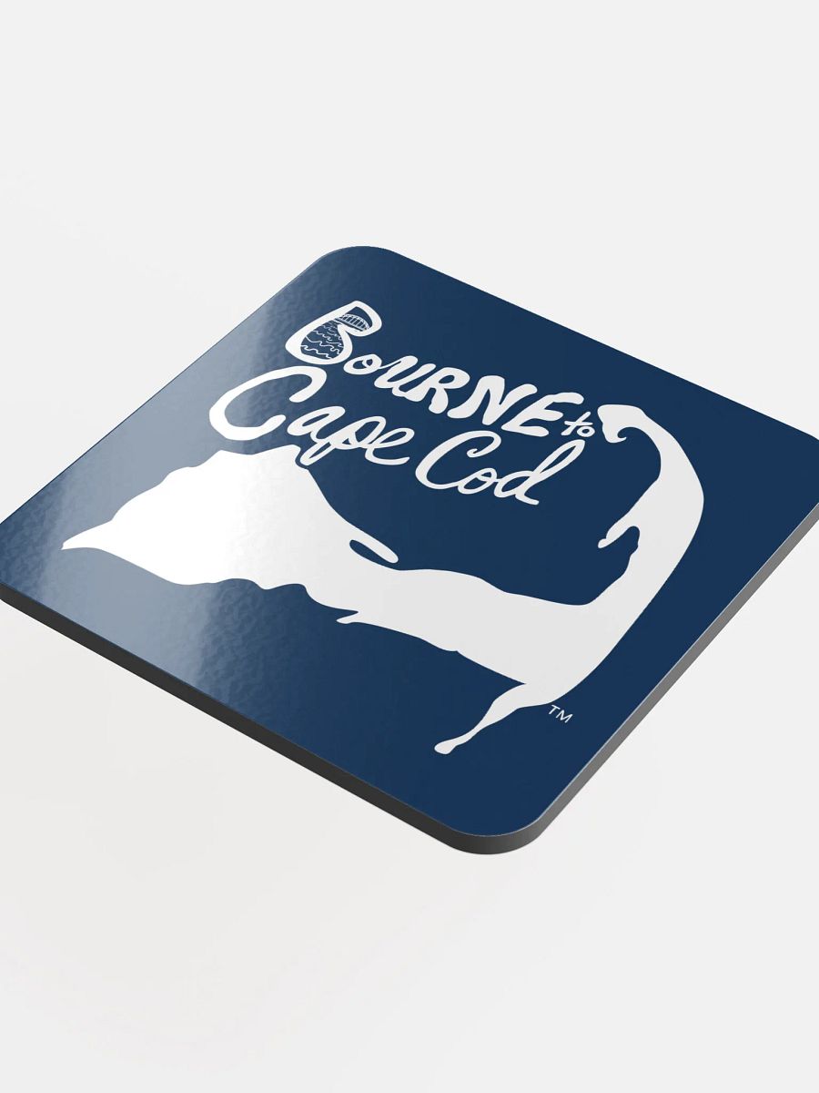 BOURNE to Cape Cod™ | Coastal Coaster | Glossed Cork | Eco-Friendly | Minimalist Coastal Decor | 3.74" Square | White Logo on Navy product image (4)