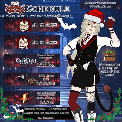 📢THIS WEEKS SCHEDULE IS HERE! Happy December everyone!✨
❥Wed @ 2/2:30pm (GMT): Return of Genshin Impact!
❥Thurs @ 2/2:30pm (G...
