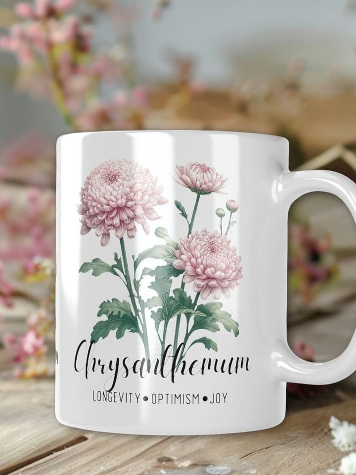 Chrysanthemum Ceramic White Mug: Longevity, Optimism, Joy November Birth Month Flower product image (1)