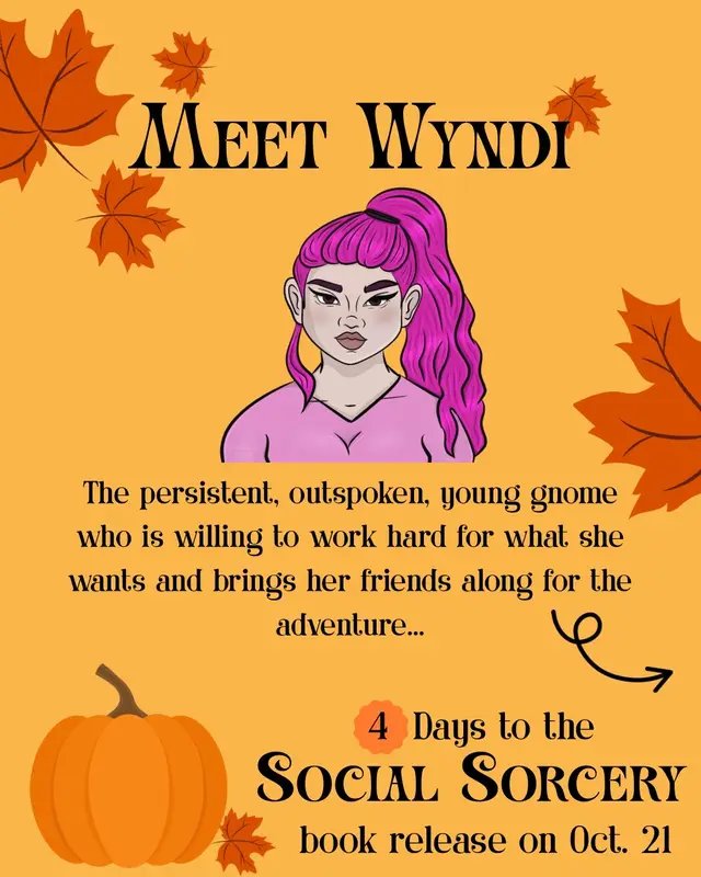 The persistent, outspoken, young gnome who is willing to work hard for what she wants and brings her friends along for the adventure.  Wyndi is the leader of the group of apprentices that attached themselves to Zaq, much to his reluctance. In Social Sorcery, a delightful cozy fantasy story, you’ll follow her group on a mission, during which they’ll develop closer bonds while looking for materials to advance an amazing new magical invention. Social Sorcery is your next favorite fall read. This cozy fantasy novel is set during the harvest festival and exudes autumn vibes.  Release date: October 21, 2025 #cozyfantasy #fallreads #gnome #artificer 
