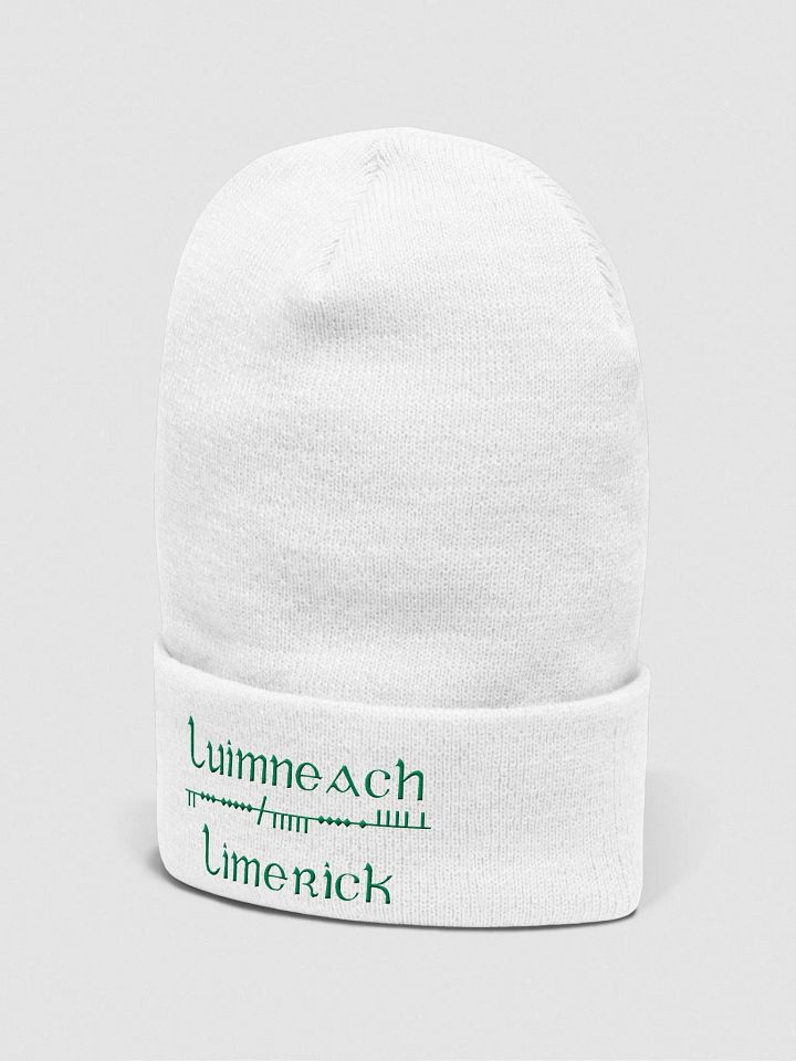 Limerick/Luimneach Scholastic style Ogham, white with green, embroidered Cuffed Beanie product image (2)