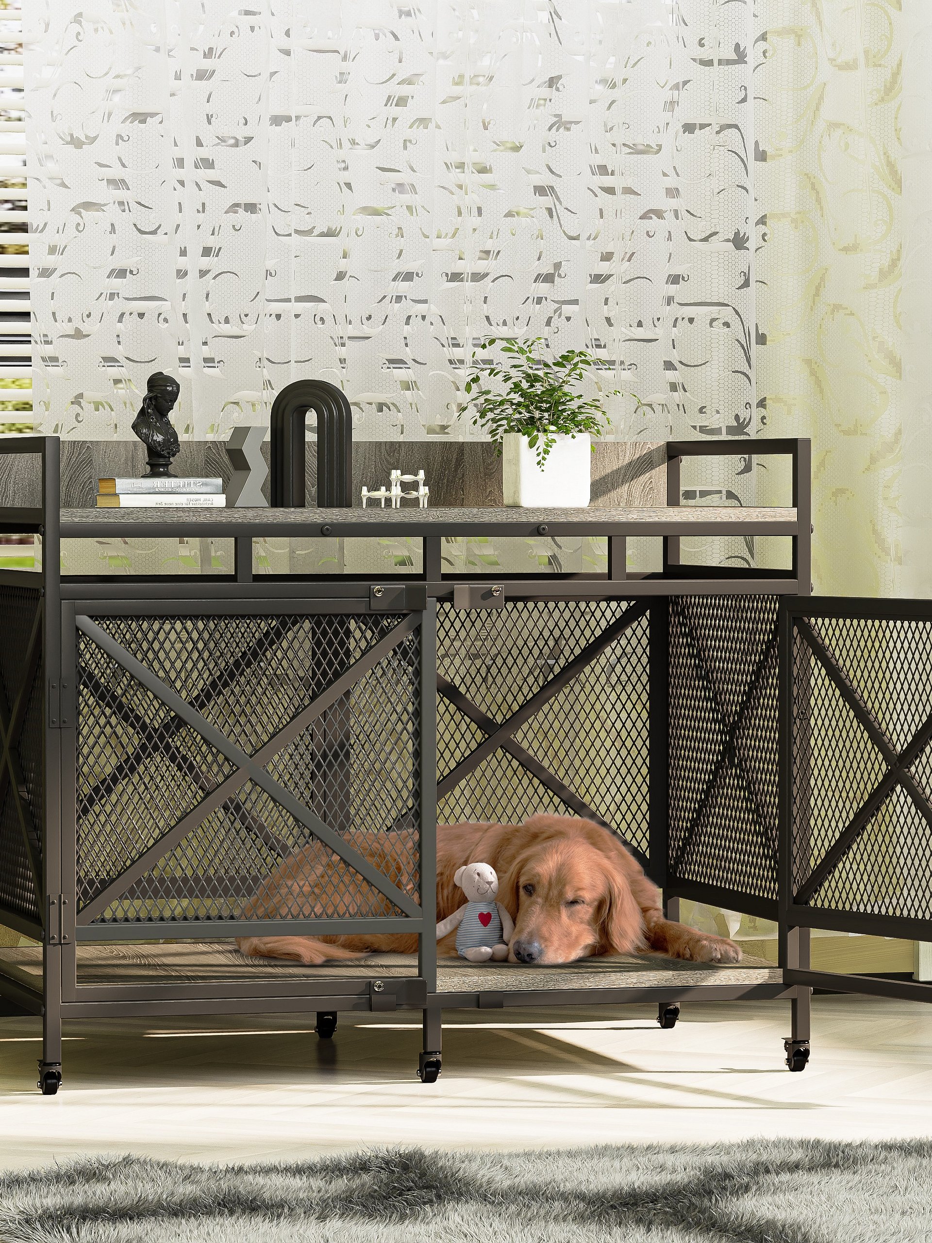 48 inch Dog Crate Furniture for Large Breeds (Up to 90 lb), Wooden & Steel, 360° Casters, Waterproof Top, Steel Lock,Textured Gray product image (10)