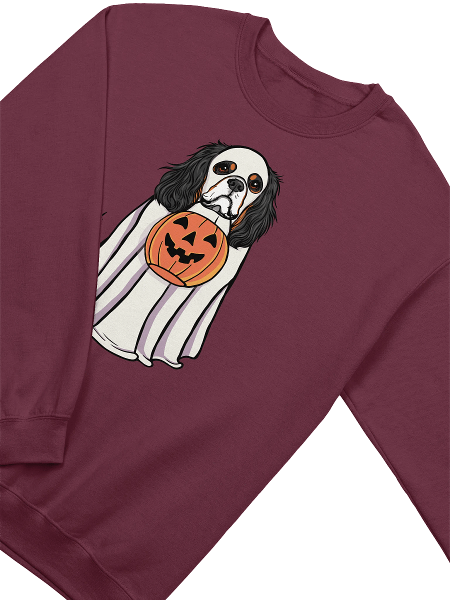Funny Halloween Cavalier King Charles Spaniel(Tricolor) Sweatshirt | Funny Cavalier Wearing a Ghost Costume and Holding a Pumpkin Basket product image (9)