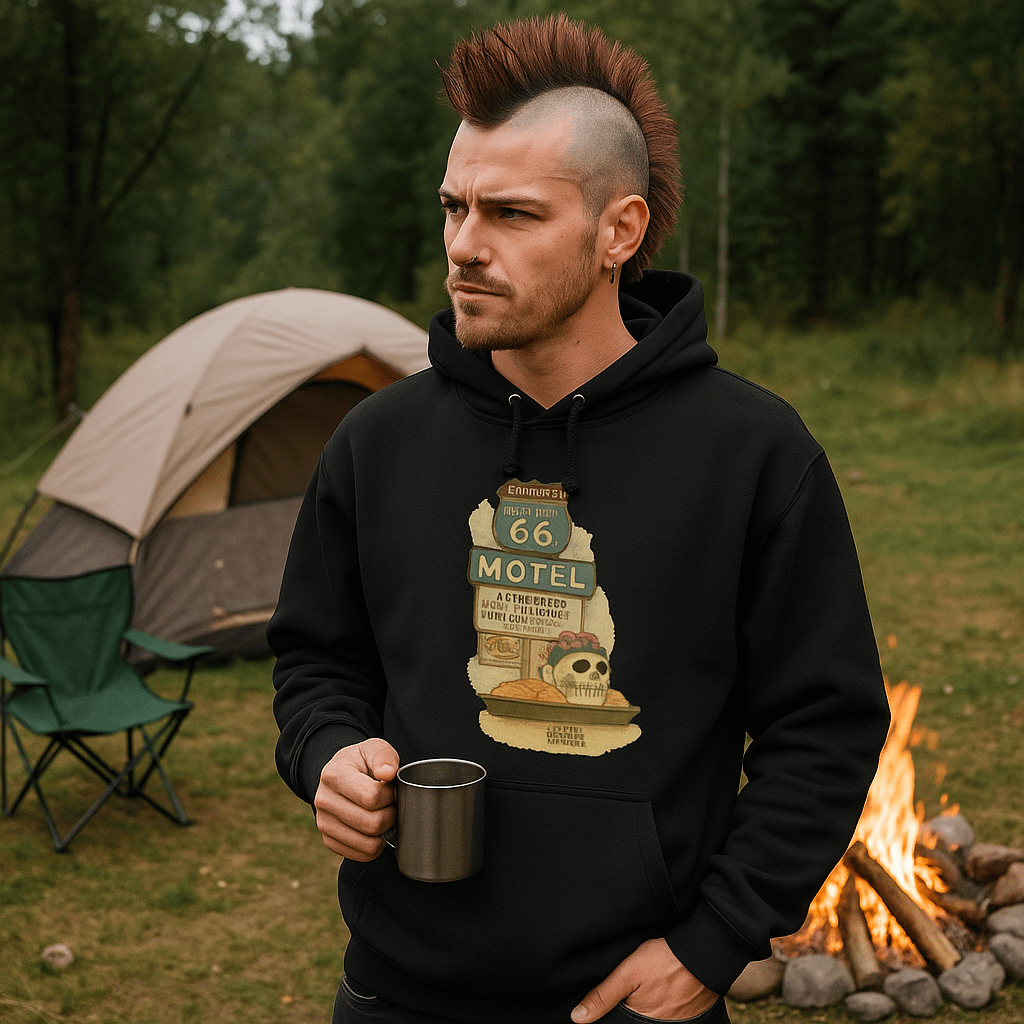 Route 66 Motel Skull Hoodie – Vintage Road Trip Día de los Muertos Sweatshirt product image (2)