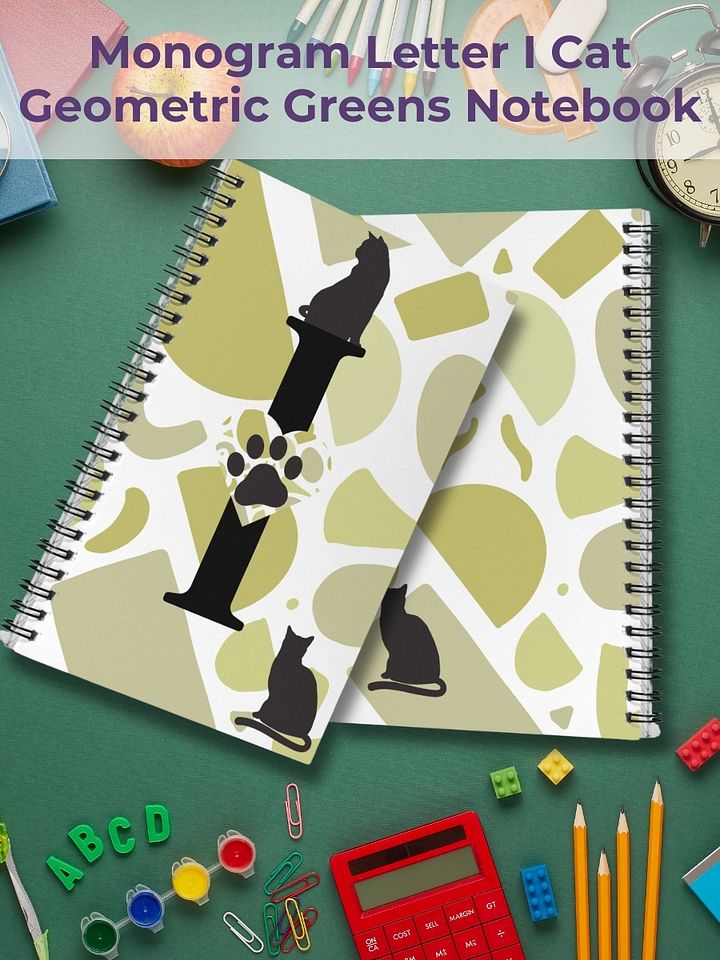Monogram Letter I Cat Lover Geometric Greens Notebook product image (1)