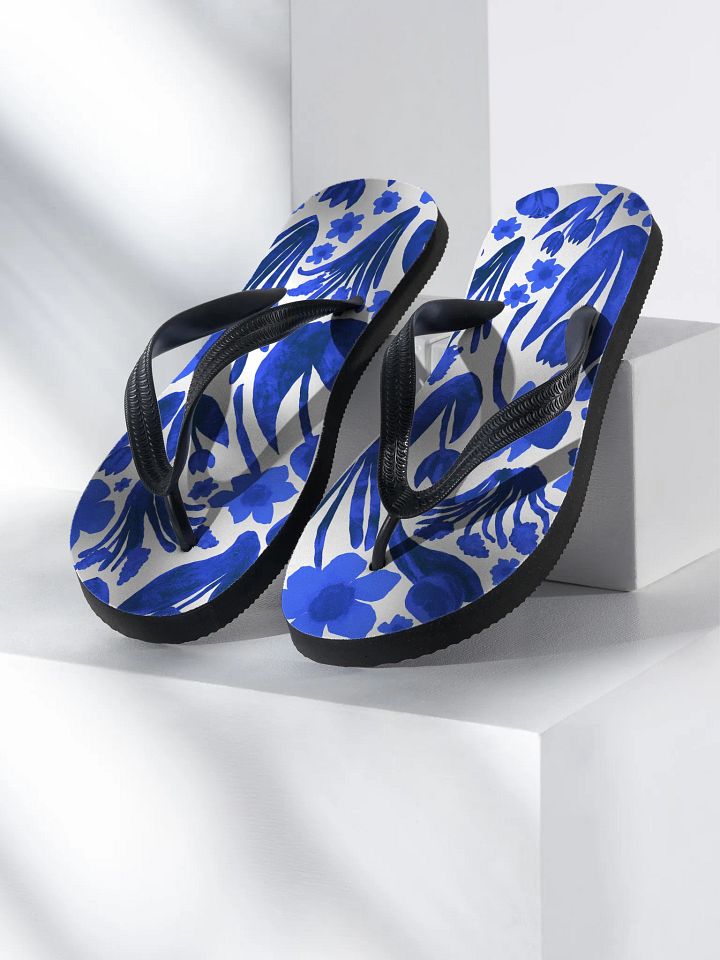 Spring Garden Flip Flops – Royal Blue Elegance on White | by Monique Faella Designs™ product image (1)