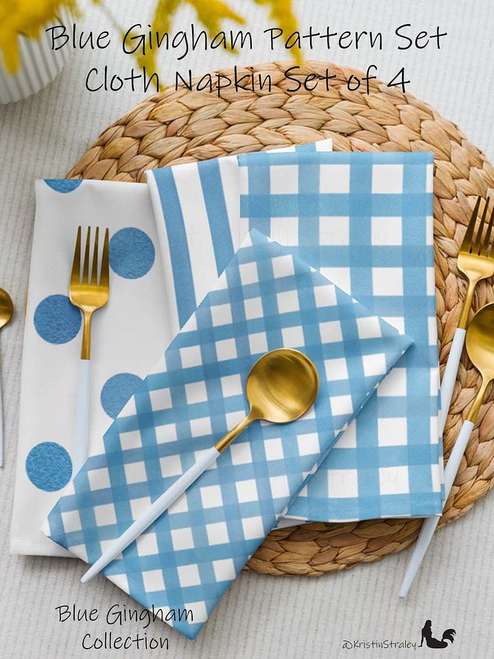 Blue Gingham Set on White Cloth Napkins Set of 4 product image (1)