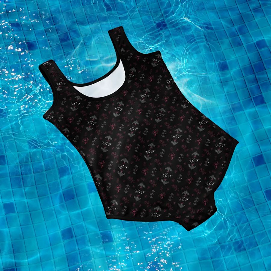 Magenta and White Flowers on Black One-Piece Youth Swimsuit product image (11)