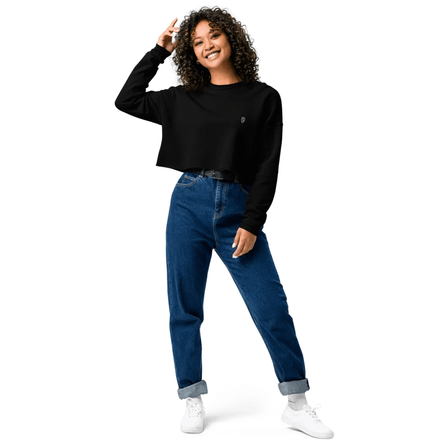 EXCLAIMING MENTALLY (L.C., B&W) embroidered fleece crop crew product image (14)