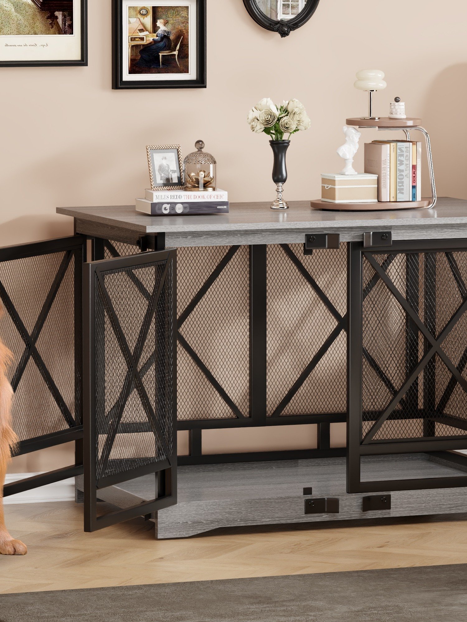 48 inch Extra Large Dog Crate Furniture,Double Door Indoor Kennel,End Side Table Wooden Dog Crates,Anti-Chew Anti-Escape, Gray product image (7)