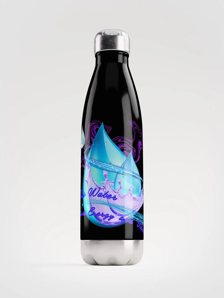 Stainless Steatl water bottle with beautiful swirly blue water drops  featuring ' This water gives energy and vitality