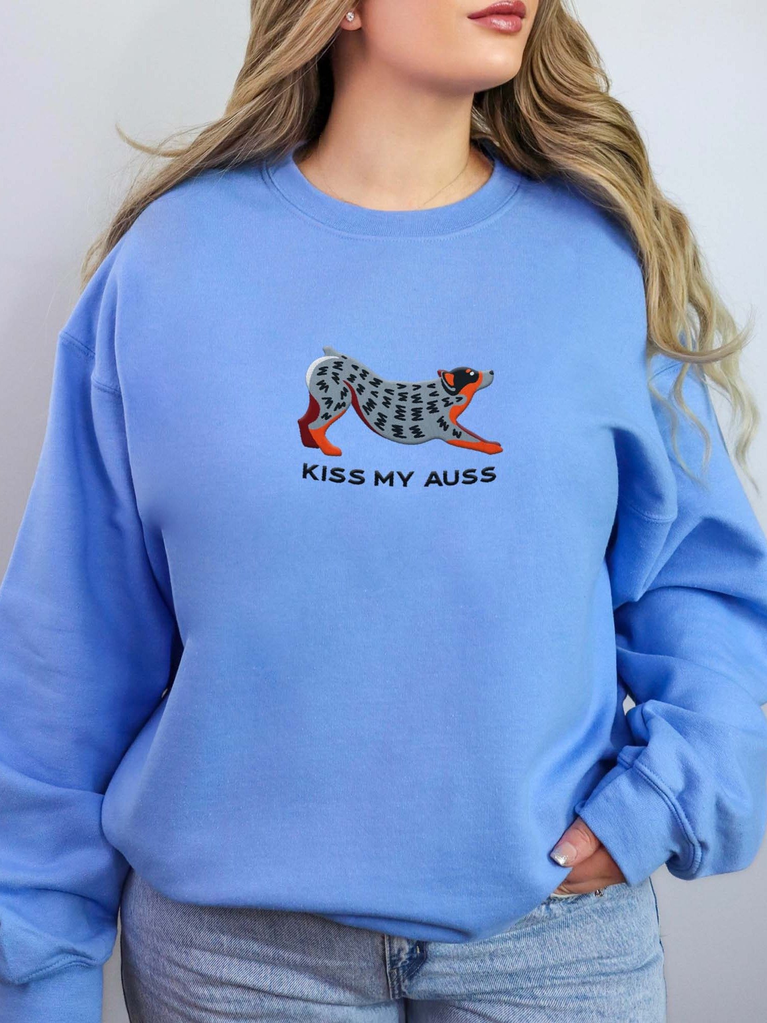 Kiss My Auss Sweatshirt (Embroidered) of an Australian Cattle Dog(Blue Heeler 2, Docked Tail) product image (2)