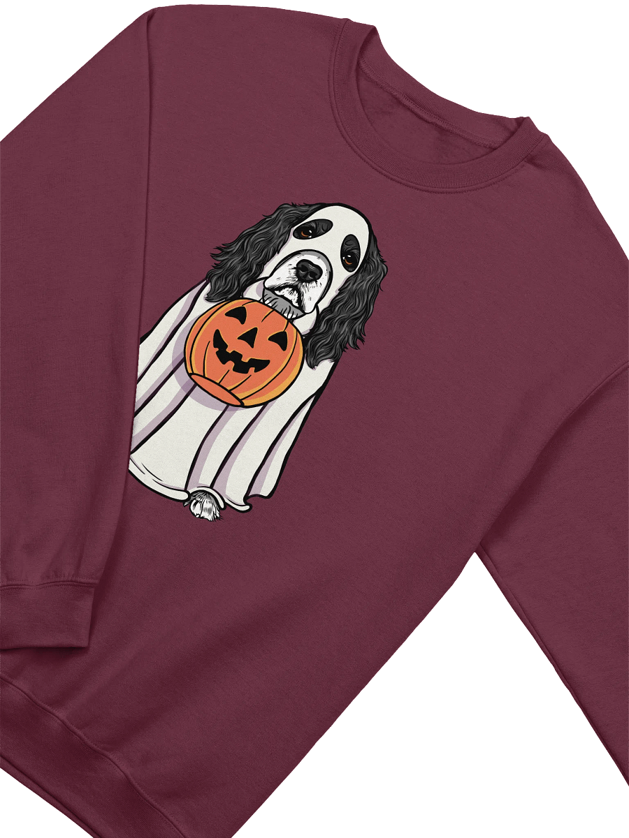Funny Halloween Cocker Spaniel(Black & White) Sweatshirt | Funny Cocker Spaniel Wearing a Ghost Costume and Holding a Pumpkin Basket product image (9)
