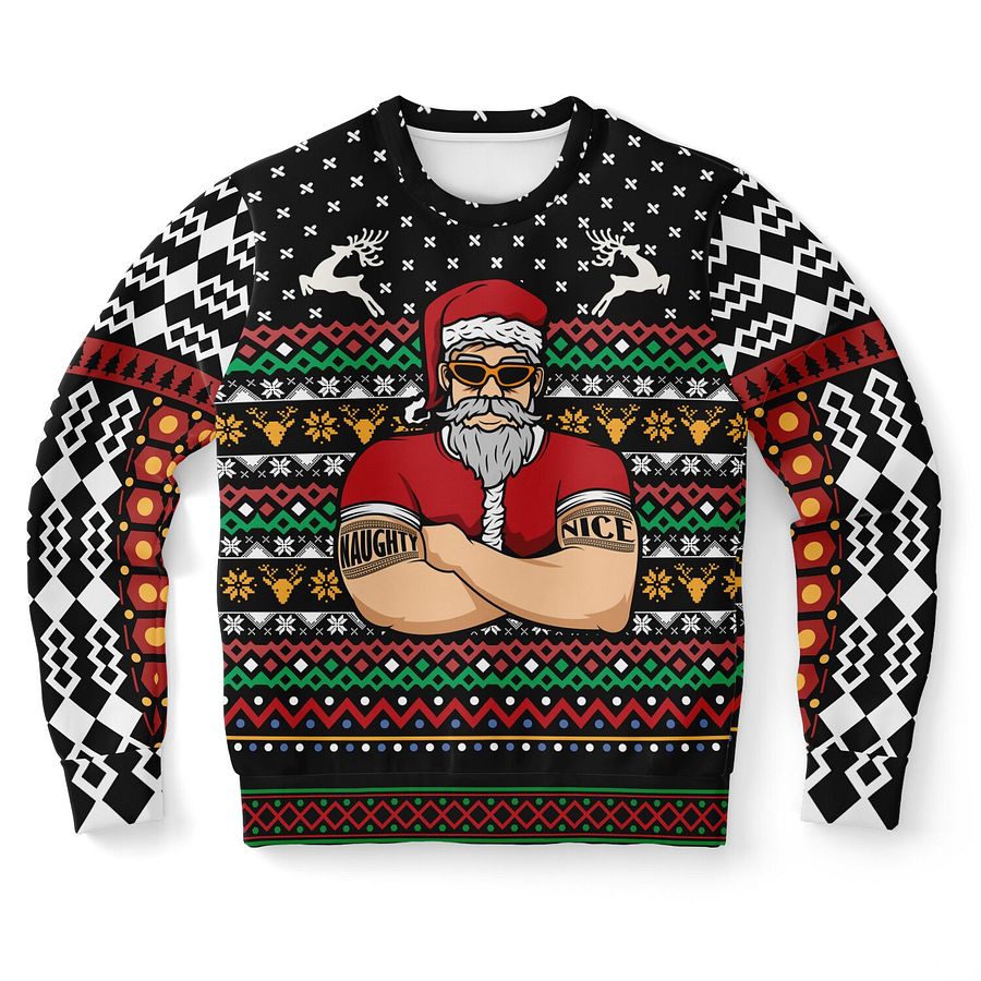 Naughty & Nice Tattooed Santa Ugly Christmas Sweater - Cool Santa with Sunglasses Fair Isle Knit Holiday Jumper product image (9)